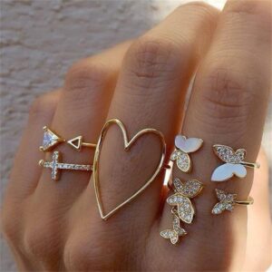 cute cross heart hollow diamond butterfly ring set 5 pcs