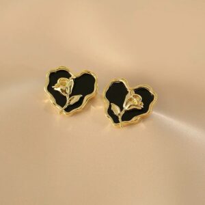 Vintage Black Gold Love Heart With Rose Earrings