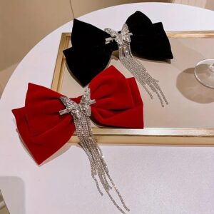 Elegant Butterfly Rhinestone Tassel Bow Hair Clip – Luxury Velvet Bow Barrette