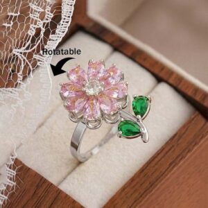 Premium Pink Flower Spinner Ring with Green Leaf – Anti Tarnish Adjustable ring