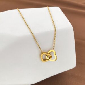 Elegant Double Heart Interlocking stainless steel Gold Necklace