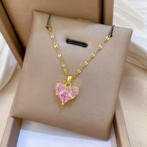 Elegant Pink Heart Crystal Gold Pendant Necklace